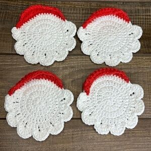 Santa Claus Coasters Christmas Holiday Set Handcrafted Crochet Cotton